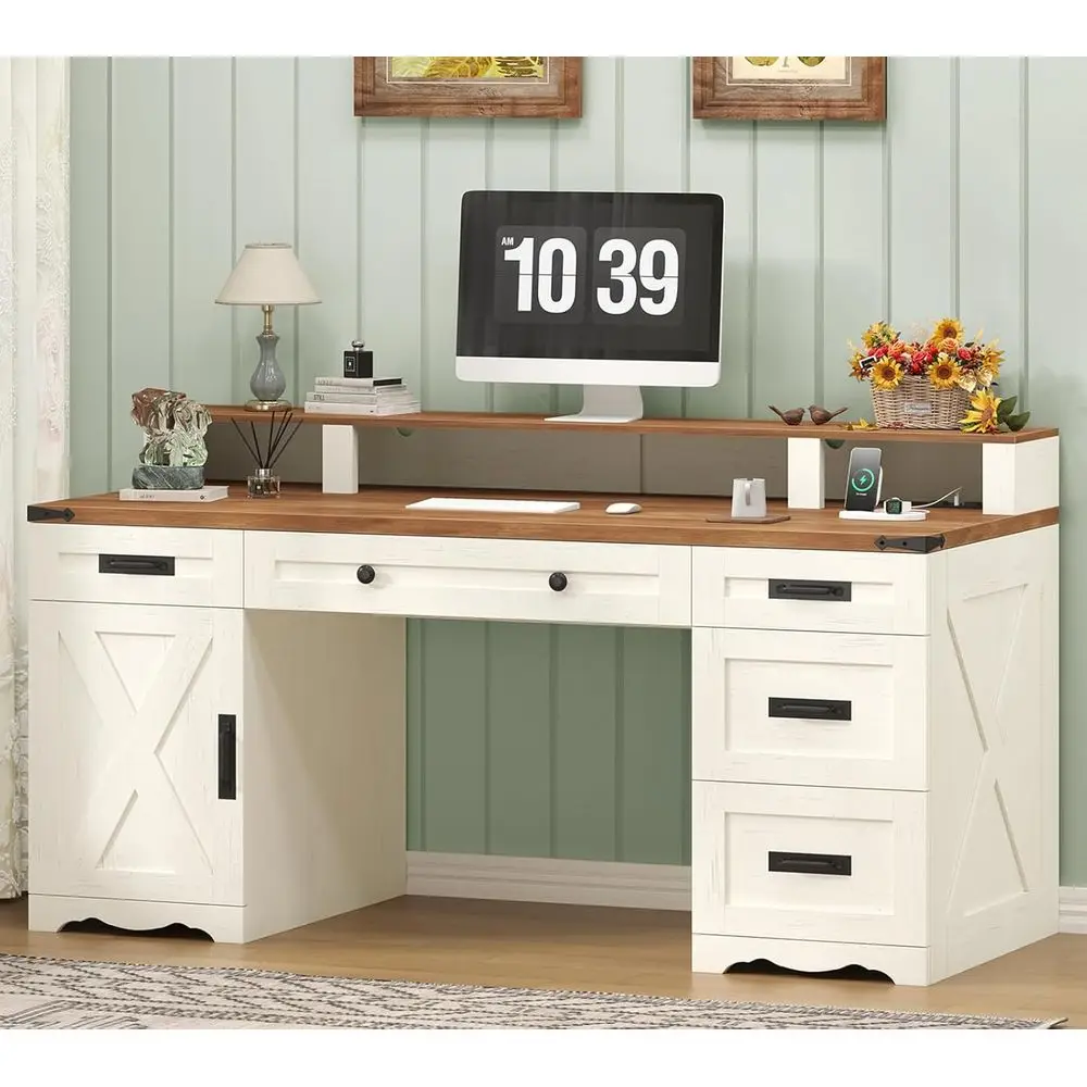 

Письменный стол 55 Antique White с ящиками, полками для хранения, подставкой для монитора и розетками для домашнего офиса