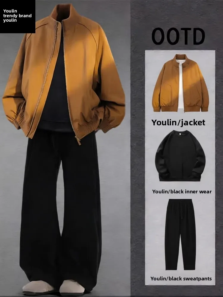 

Cool Men's Brown Short Flight Jacket Baseball Style Stand Collar Outerwear Sporty Loose Fit Cotton Zipper Closure Coat