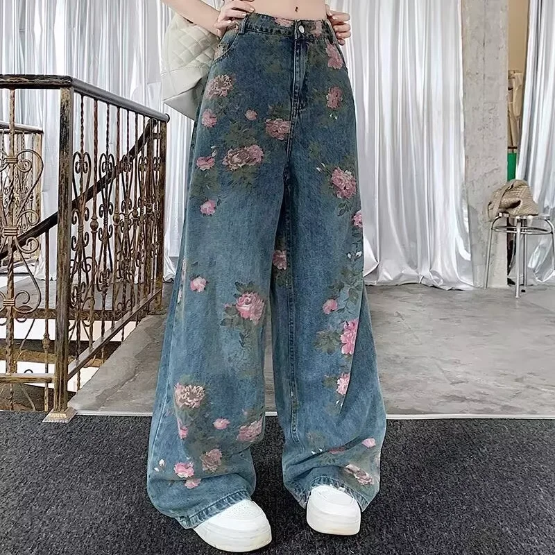 กางเกงยีนส์ลําลองพิมพ์ลายดอกไม้โบราณกางเกงยีนส์ขากว้างสไตล์อินเทรนด์ใหม่