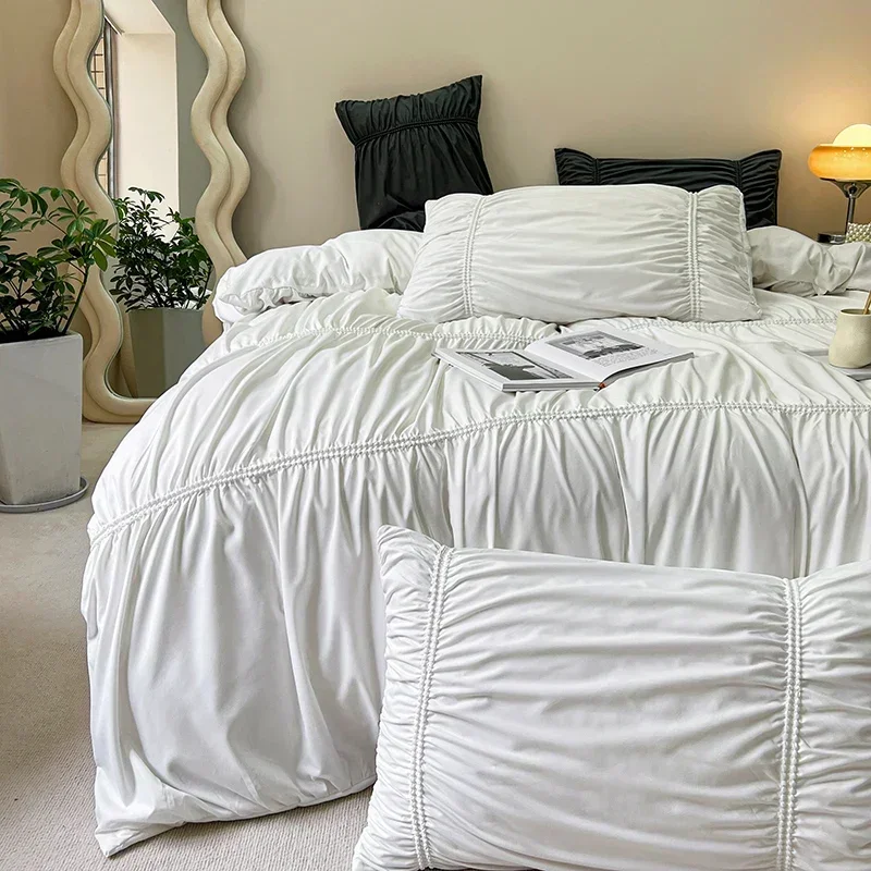 

White Washed Brushed Seersucker Pleat Twin Full Queen Duvet Cover Set Bed Sheet Set Or Fitted Sheet Pillowcase Girl Bedding Set