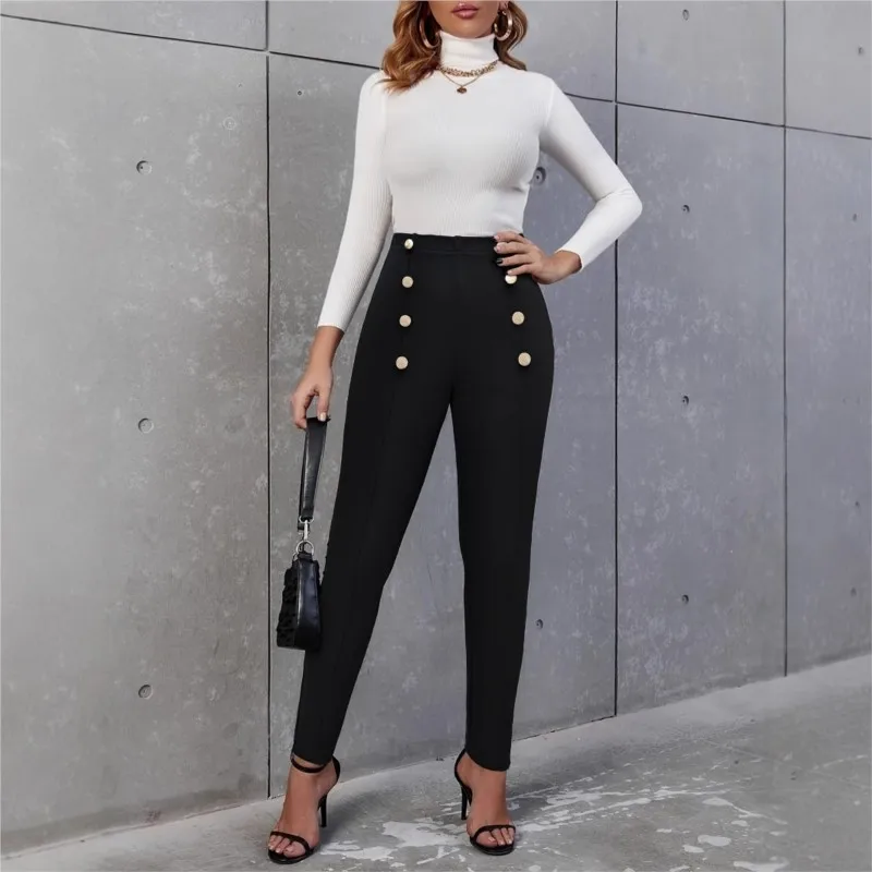 Black Casual Ladies Tight Pants Fashionable Double Breasted Buckle Decoration Elastic Waist Versatile Solid Color Pants New Item