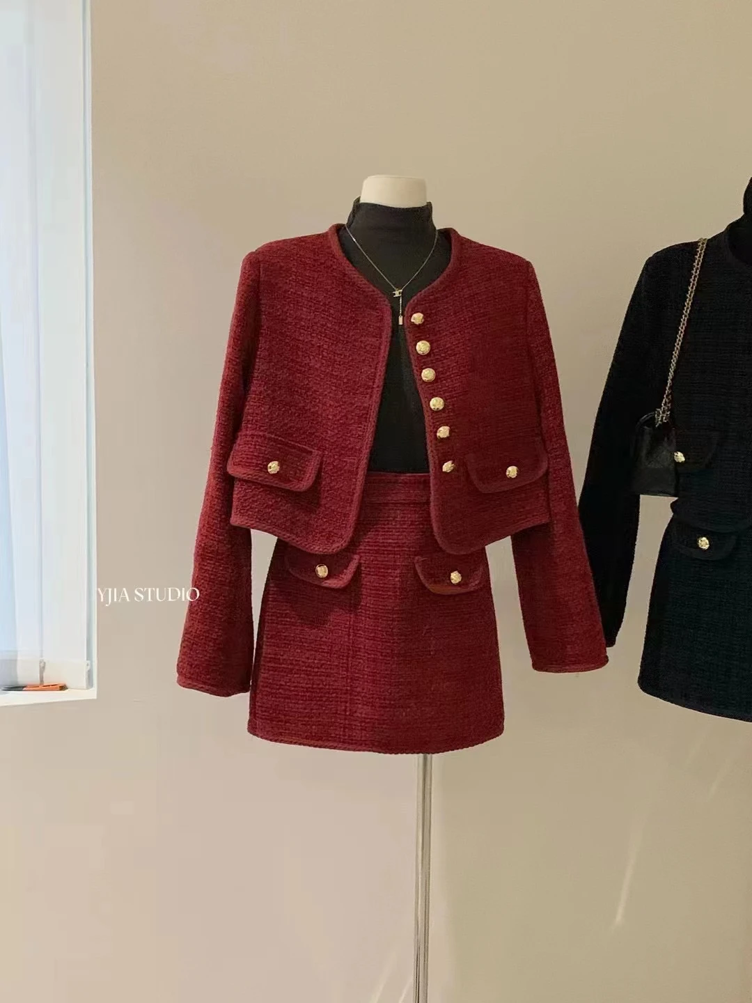 Autumn Winter Textured Tweed Elegant Refined Short Jacket + A-line Slimming Short Skirt Set Women Female Office Lady Clothing