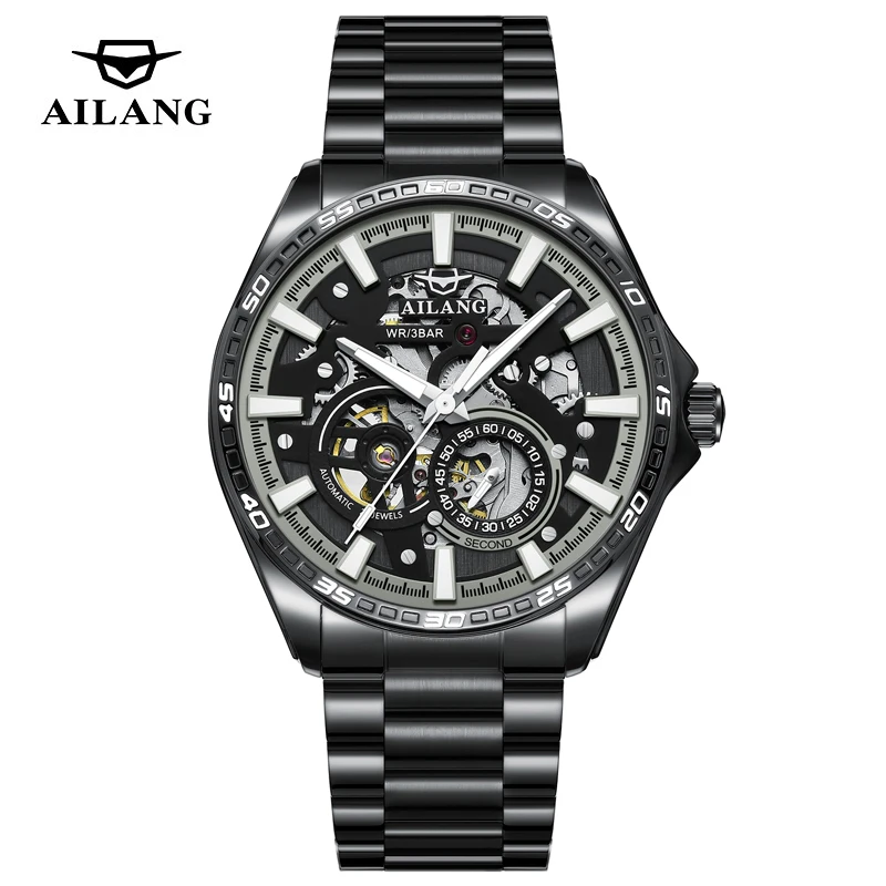 

AILANG Фирменные новые роскошные механические часы из нержавеющей стали для мужчин, водонепроницаемые светящиеся модные высококачественные автоматические часы со скелетом для мужчин