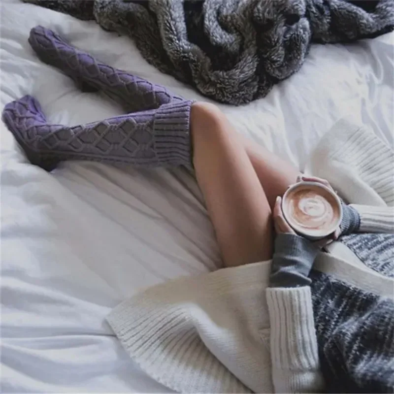 1 par feminino outono inverno quente meias longas de malha lã joelho meias