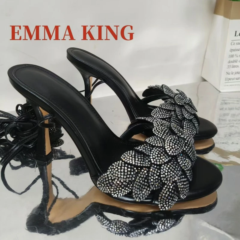 أسود كريستال المفتوحة تو صندل كعب عالٍ حجر الراين ديكور خنجر الدانتيل متابعة الصنادل ملهى ليلي مرحلة الصيف الاتجاه الأحذية النسائية #3