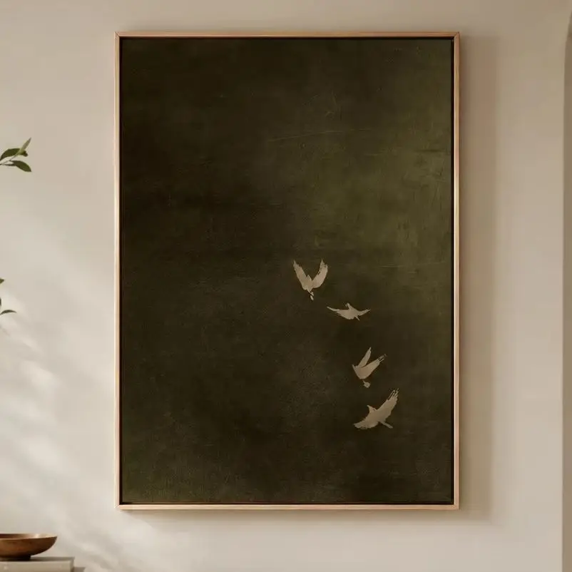 Toile d'art murale vert olive avec oiseau, art encadré sombre et sombreton, décoration minimaliste Japandi pour salon, impression sur toile pour chambre à coucher