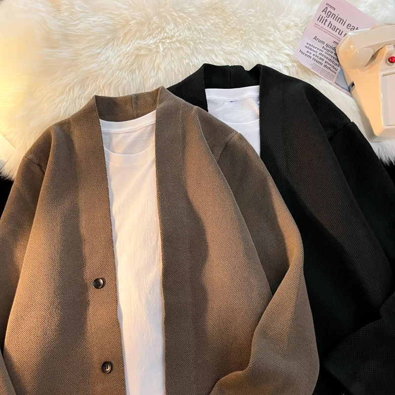 

Мужской осенне-зимний утепленный кардиган свободного кроя, повседневный вязаный свитер с V-образным вырезом и длинными рукавами, молодежный стиль