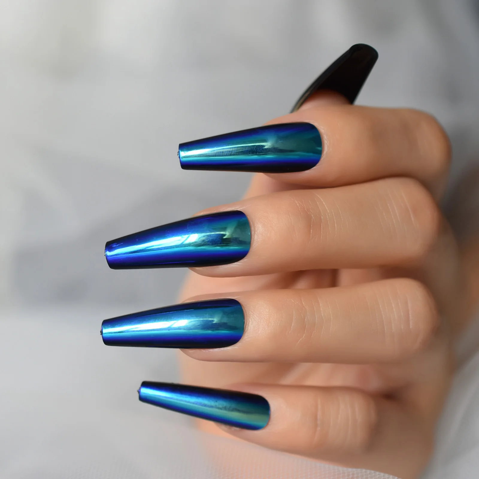 Chrome Metallic Fake Nails Set Mirror Extra Long Press On Nails Coffin Ballerina Blue Acrylic False Nail Art Tips For Women