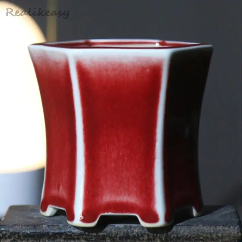 Red Succulent Ceramic Bonsai Pot Japanese Kiln Transformation Purple Sand Flower Pot Desktop Handmade Flower Pot Home DecorLF276