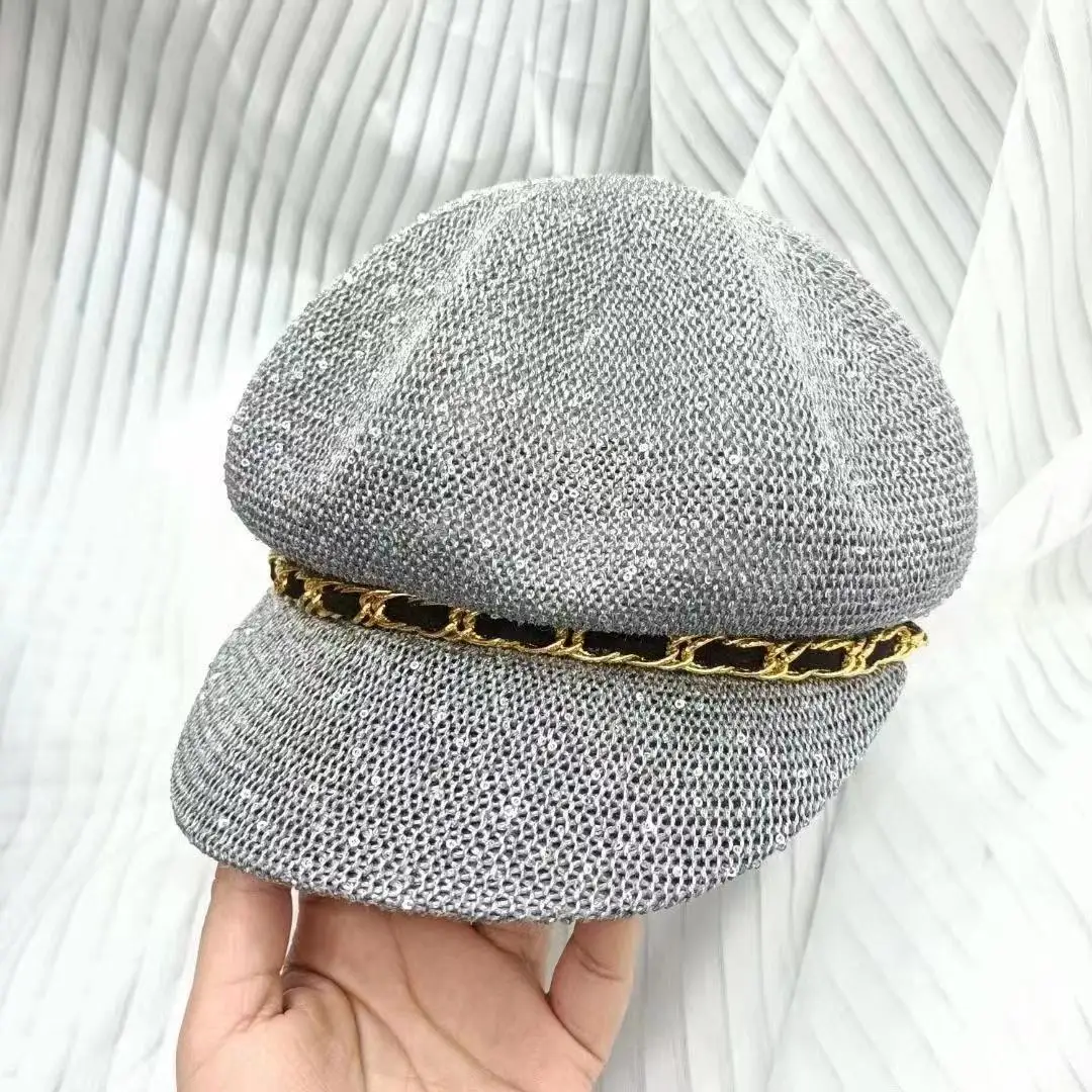 2024 new sequin octagonal hat for women's thin and fragrant style beret sun protection sun shading breathability