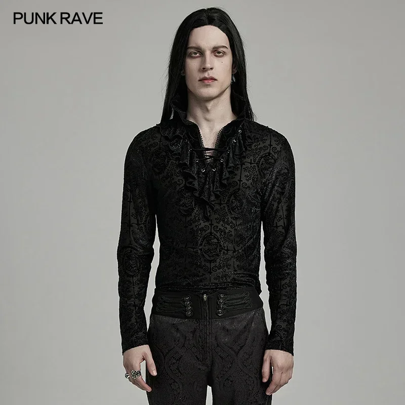 PUNK RAVE Men's Gothic High Collar Embossed Plain Mystery Velvet T-shirt Lace Along The Edge Minimalist Style Casual Tops Tees