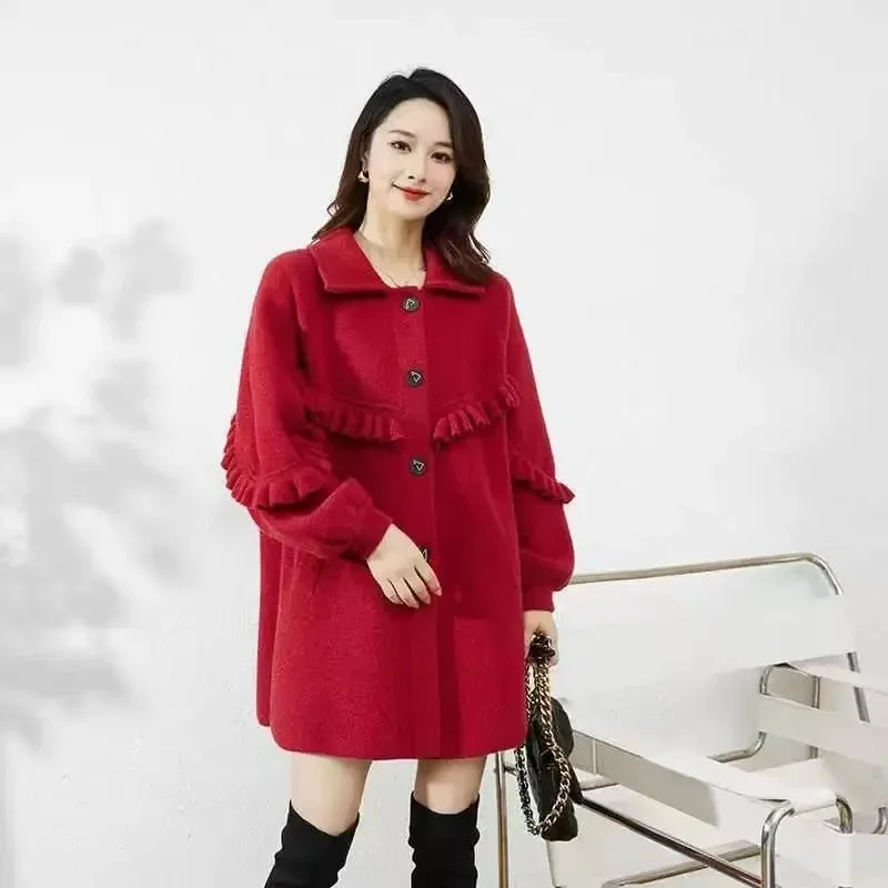 Wooden Ear Edge Wool Coat The Long Female Spring and Autumn New Mother with Loose Casual Ruffled Coat Thickened Fashion Simple