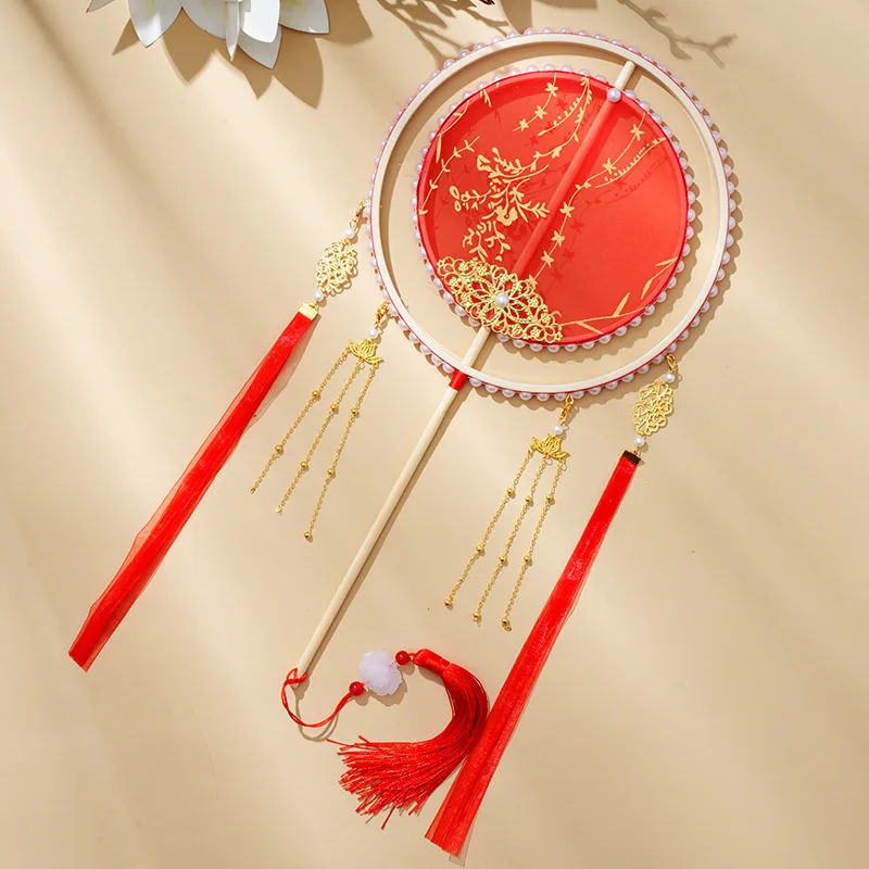 New Chinese Style Long Handle Fan Gold Embossed Double Ring Fan Hanfu Photography Props Long Tassel round Fan Dance Fan Photo Pr