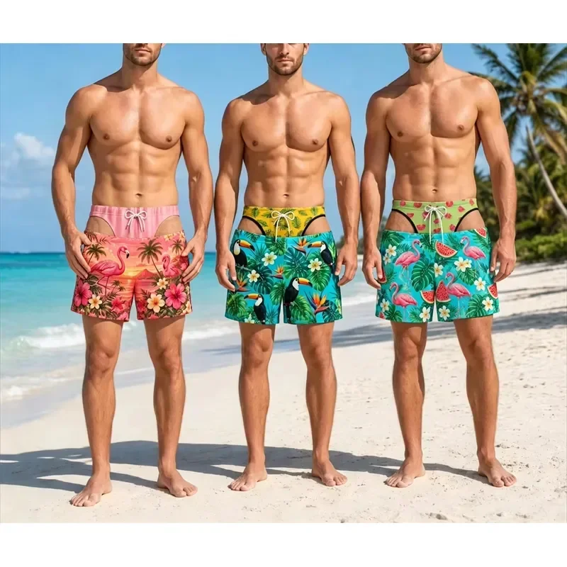 Shorts Comfortable Breathable Casual 2026 Hot Tropical Plant Flowers 3D Print Hawaii Swim Trunks Funny Fake Butt Pattern Men