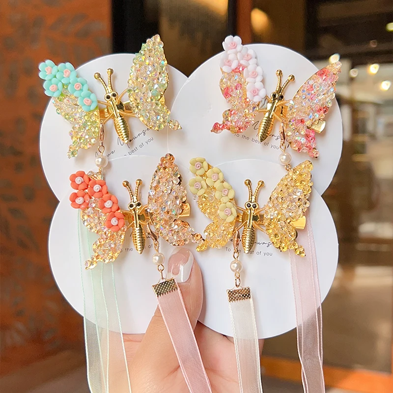 2023 New Children Summer Butterfly Rhinestone Hairpin Clip Sweet Pearl Ancient Style Barrettes Hairpins Kids Hair Accessories