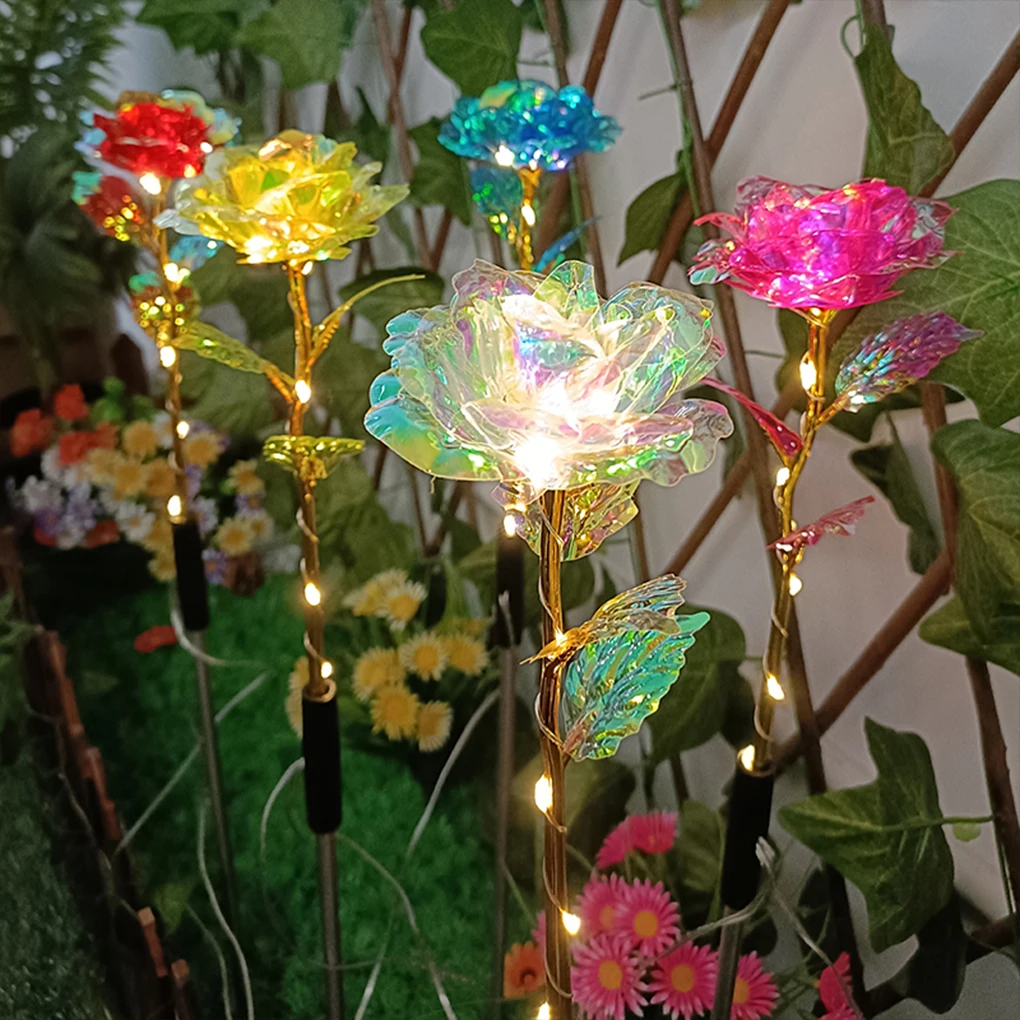 Solar Powered Flower Lights Outdoor Lawn Decorative Lights Solar Rose Grass Light Courtyard Garden 1 drag 5 lights