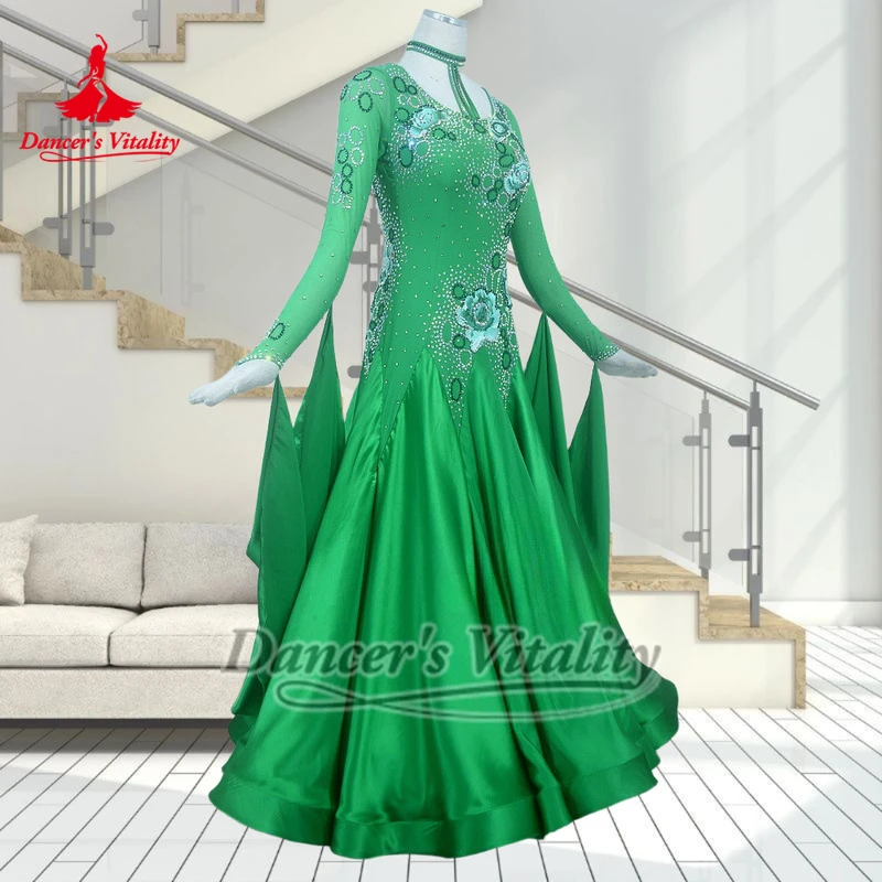 성인용 녹색 긴 소매 브이백 소셜 댄스 전문 드레스 여성용 탱고 왈츠 퀵스텝 의상 맞춤 댄서의 활력