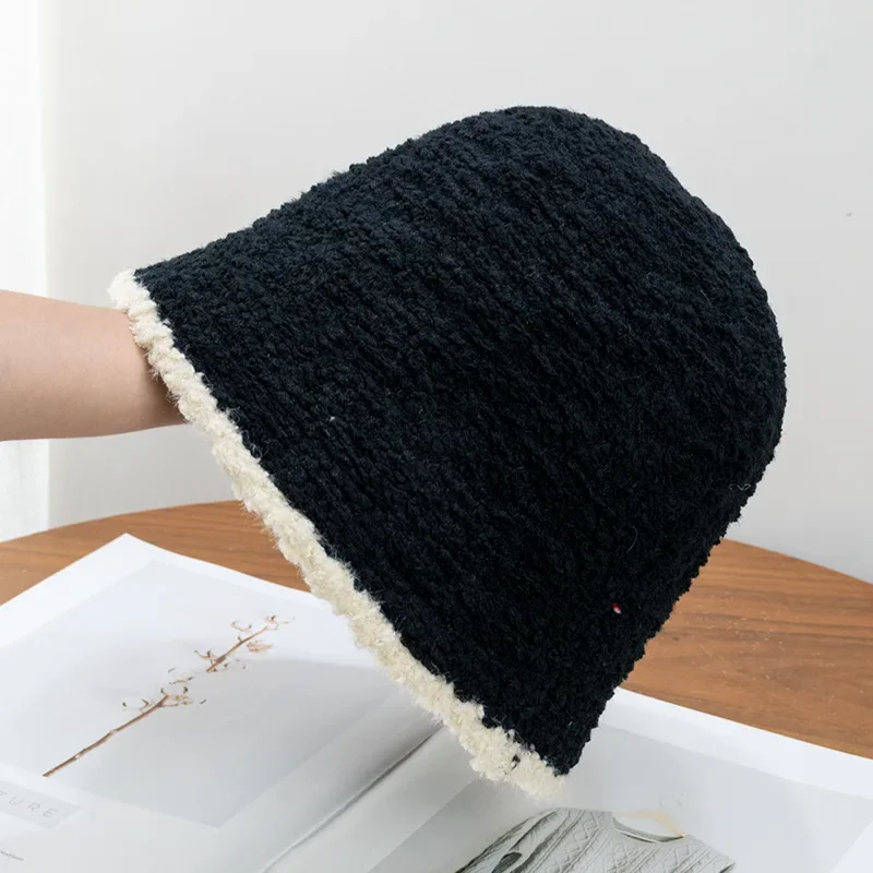 Lamb Fleece Wool Bonnet Cap Women Winter Warm Thick Knitted Hat Panama Fisherman Cap Bucket Hats for Women Шапки Женские Зимние