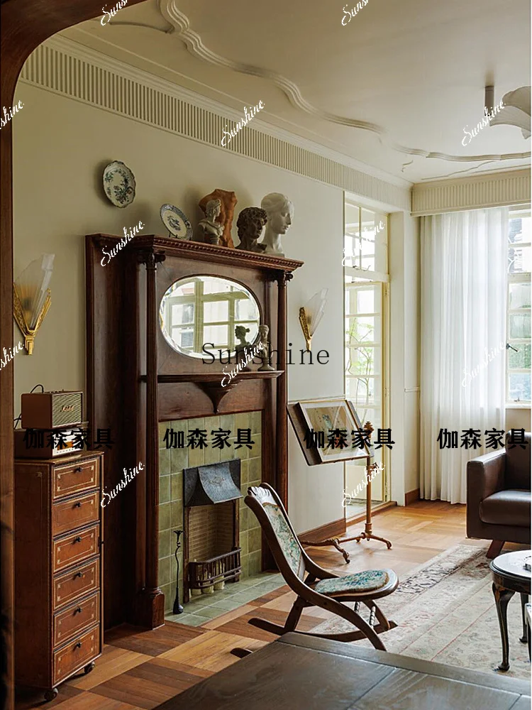 

Solid wood old mirror fireplace background wall medieval carved fireplace TF