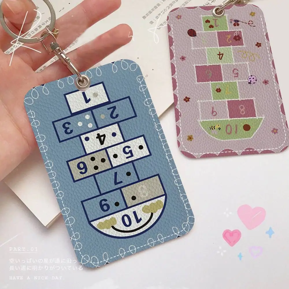 Cartoon Hopscotch Print Keychain With Access Card Holder, Bus Pass & Meal Card ID Bank Card Protective Case For Security