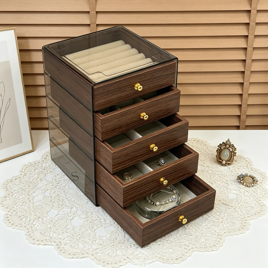 Walnut Wood Five-Layer Jewelry Box, Storage Box for Rings, Earrings and Stud Earrings, Anti-Oxidation and Dust-Proof
