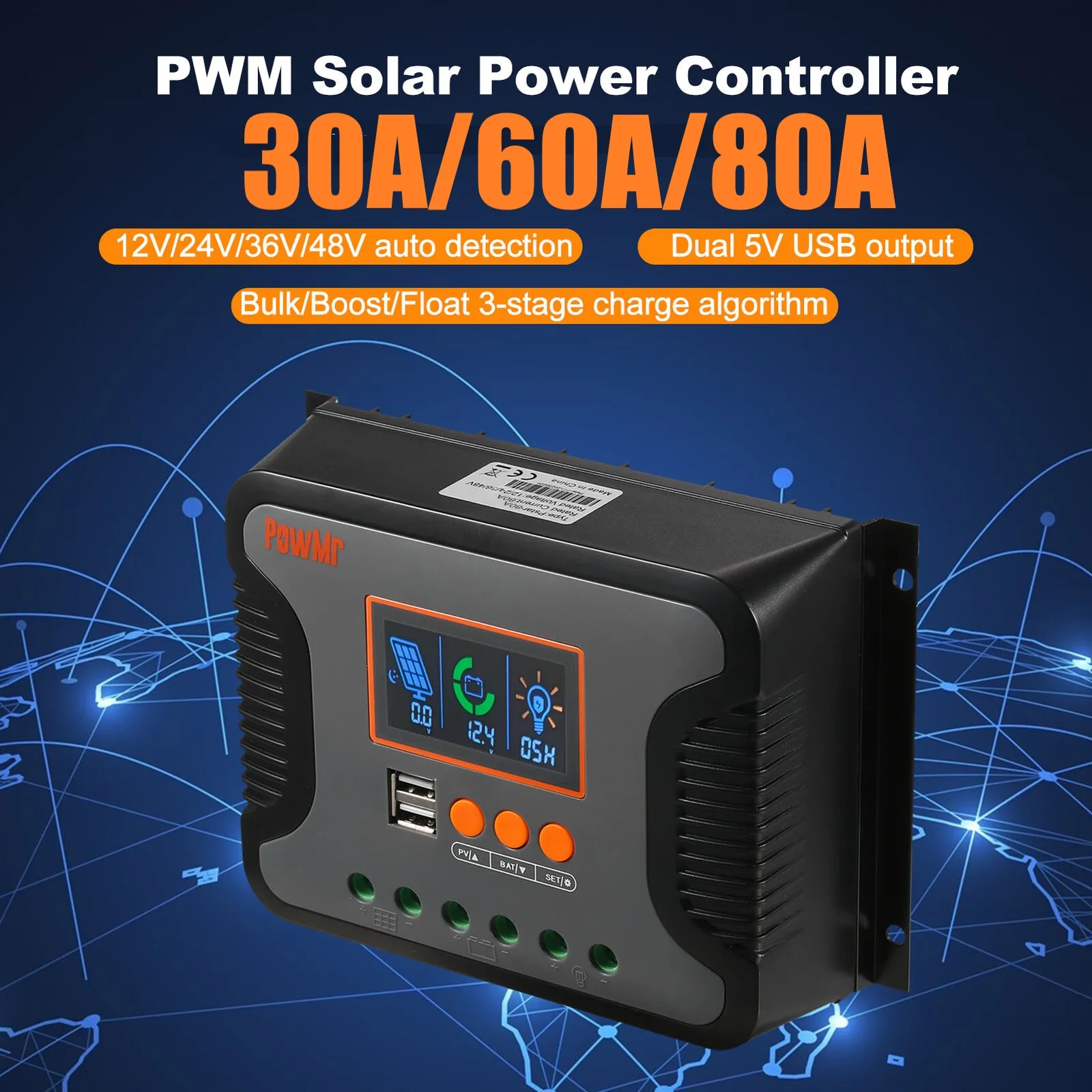 PowMr Pstar Series 30A 60A 80A PWM Solar Charge Controller 12V to 48V Auto 100V Max PV Input 3 Stage Charging for LiFePO4 Gel Flooded Lead Acid Batteries Off Grid Home Solar System Regulator