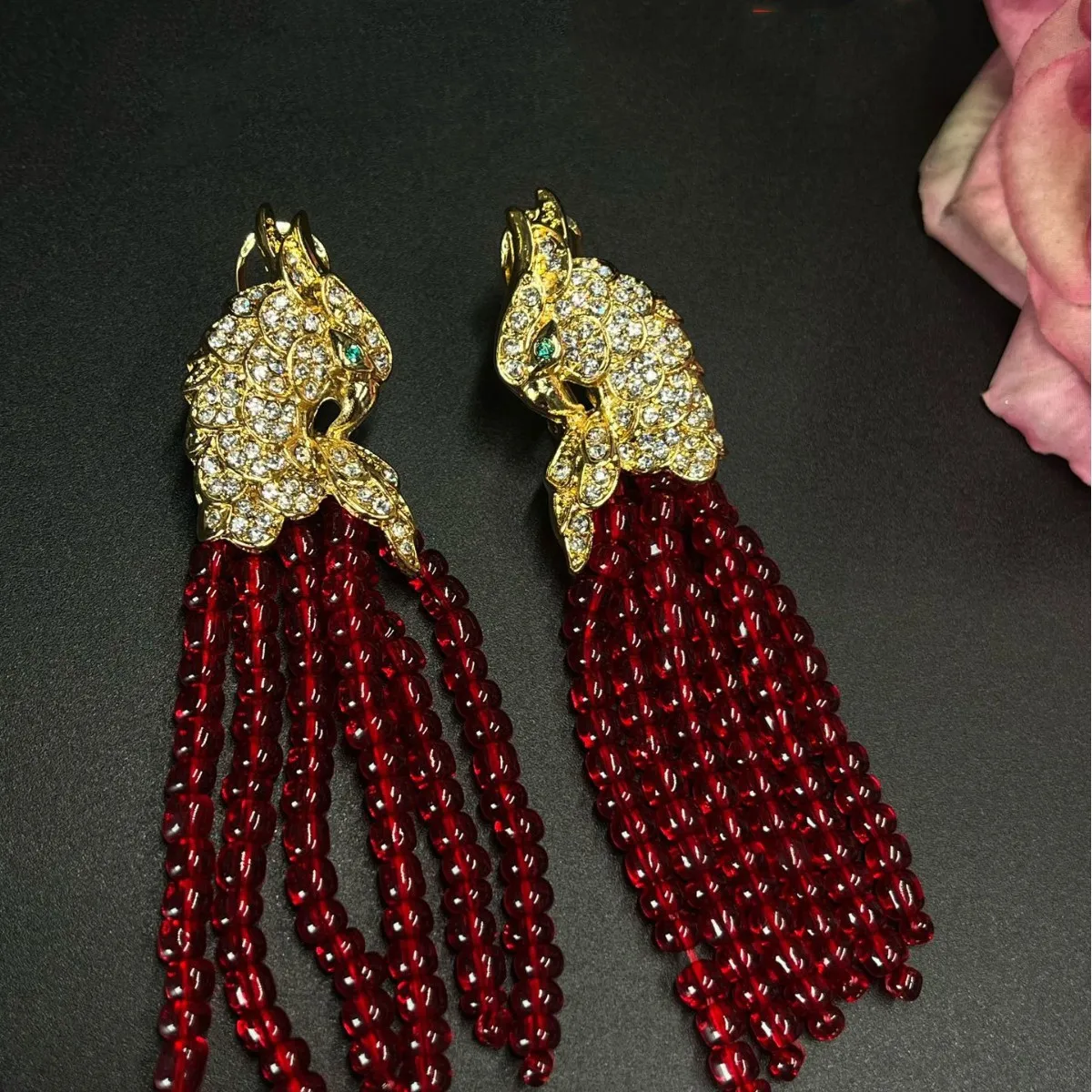 Vintage palace style long animal parrot red bead tassel earrings