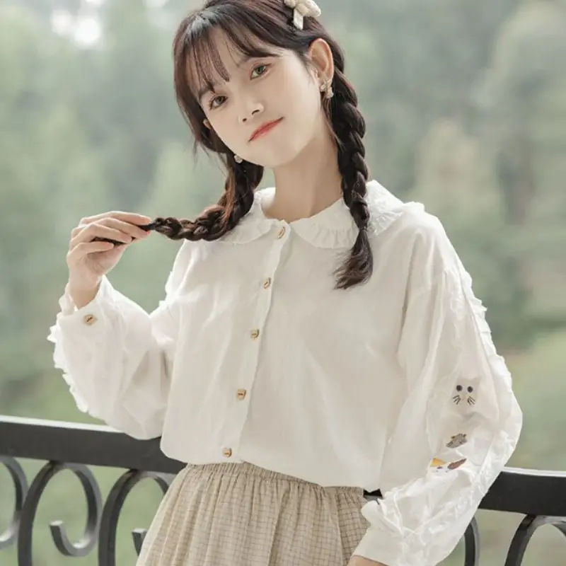 White Embroidered Cotton Doll Neck Shirt for Women Spring New Style Student Loose Long Sleeve Versatile Shirt for Women