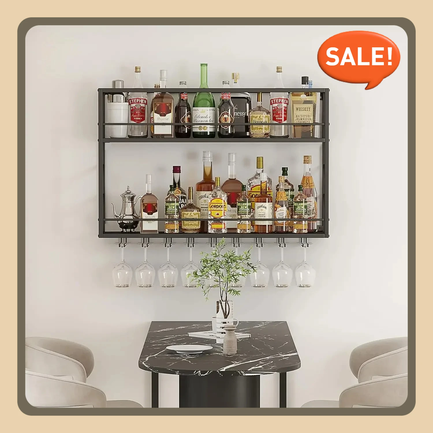 

Wall Mounted Wine Rack for Home Bar, Wall Bar Shelf Wine Display Storage Holder, 2 Tier Metal Bar Liquor Shelves Glass Holder