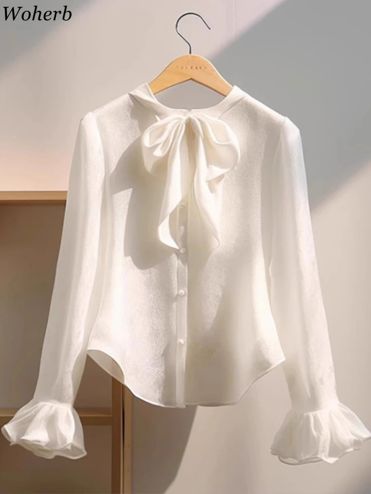 Temperament Ladies Tops Flare Sleeve White Blouse for Women 2024 Blusas Mujer De Moda Bandage Bow Korean Fashion All Match Shirt