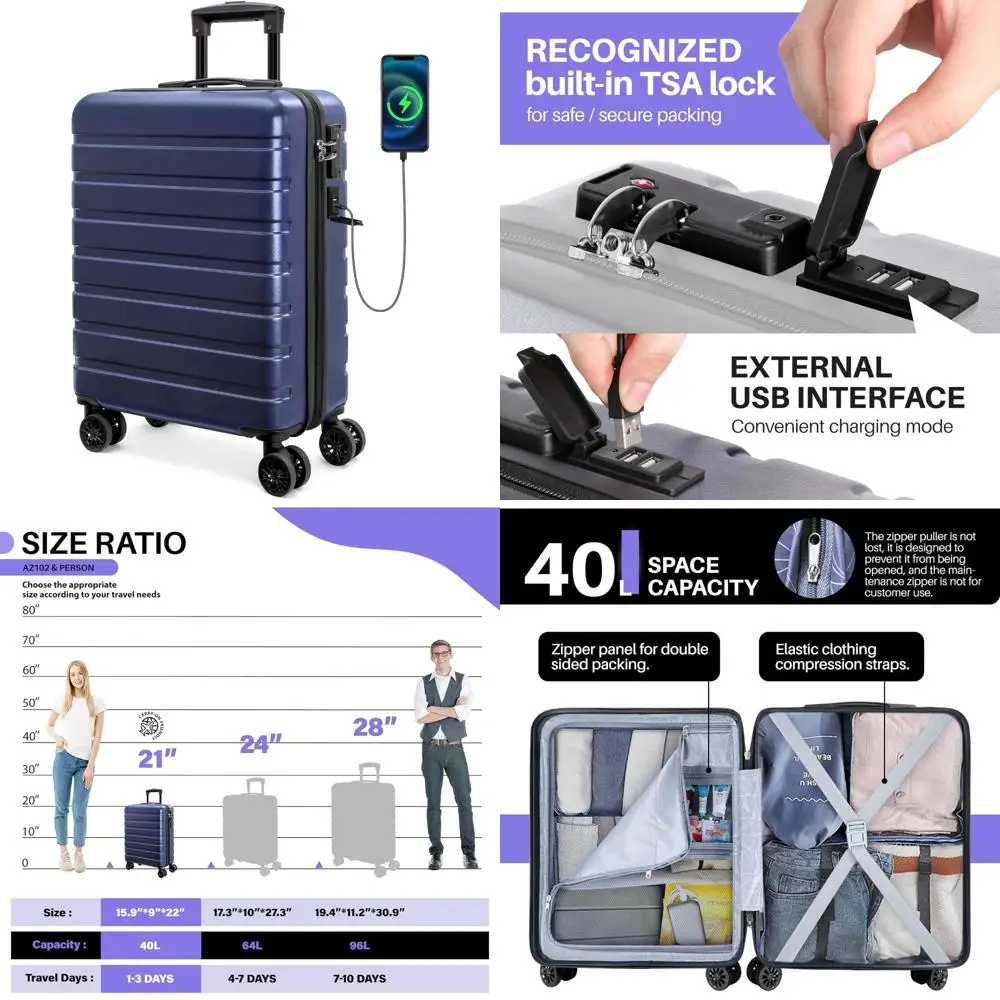 

Lightweight Hardside ABS Kids Suitcase with USB Port, Wheels, and TSA Lock - Dark Blue for Traveling Convenience