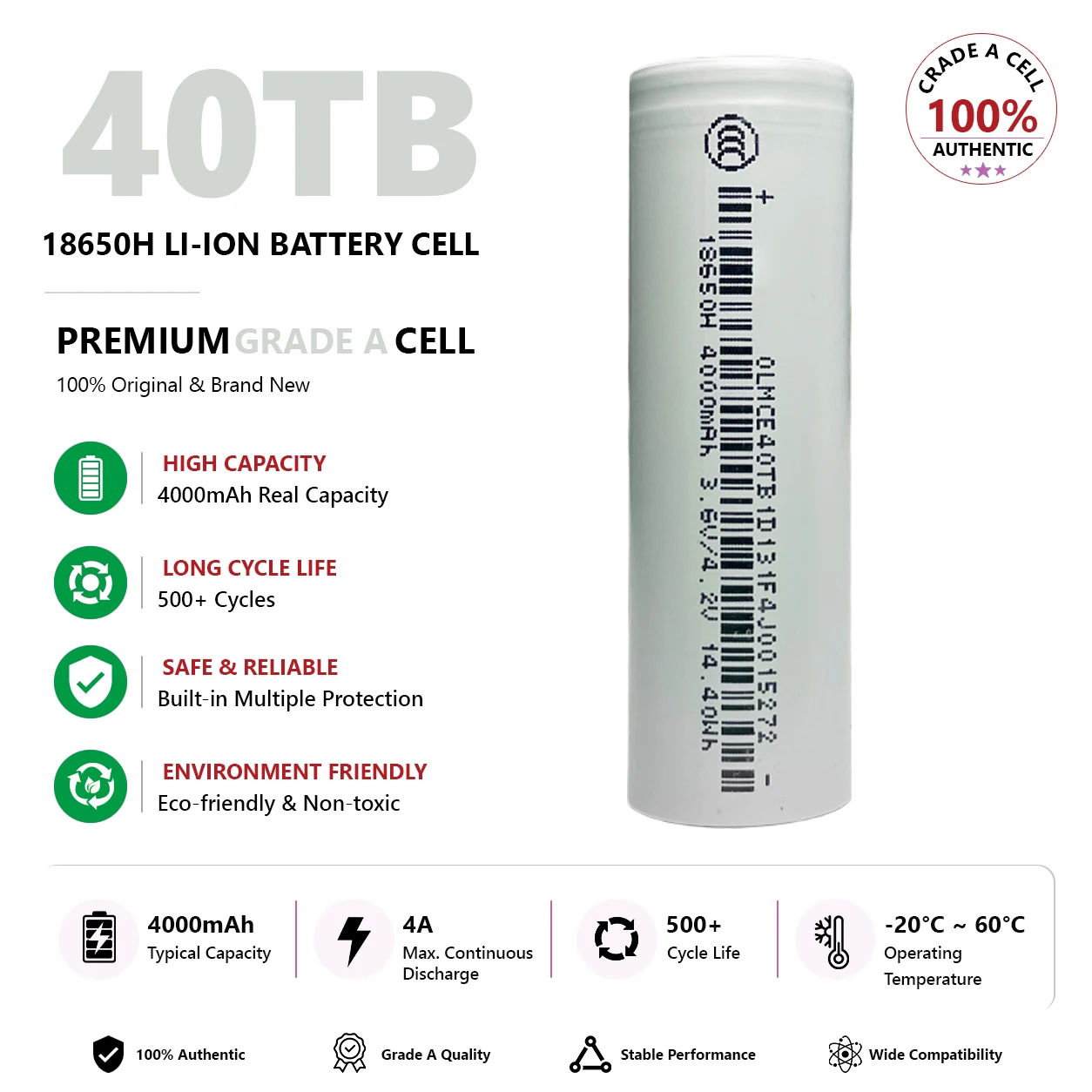 100PCS 18650 4000mAh 3.6V Li-ion Rechargeable Battery Cell High Capacity 4.2V for Flashlight Headlamp Power Bank LED Solar