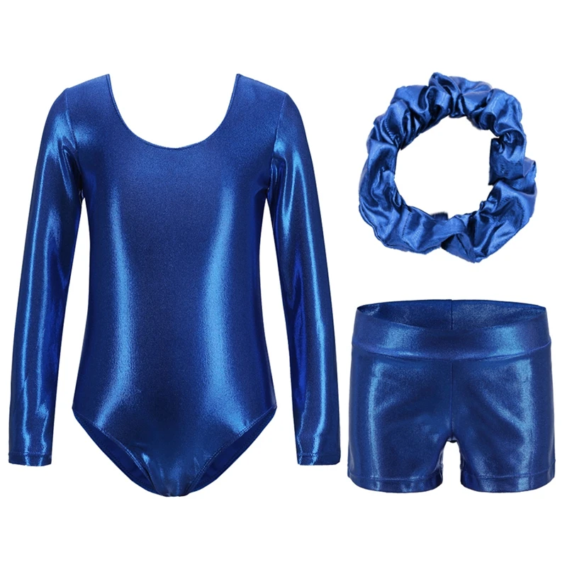 

Children Girls Ballet Dance Shinny Metallic Leotards with Shorts Hairband Gymnastics Bodysuit Long Sleeve Costume Kids Dancewear