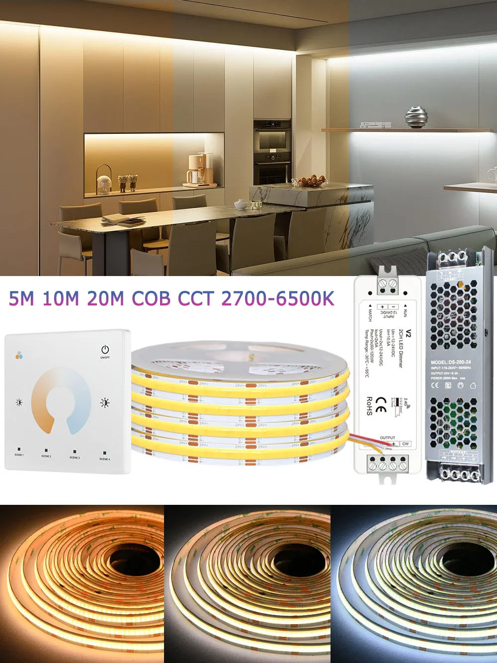 5M 10M 20M COB CCT LED-Streifen 24V Flexibel Hochdichte Dimmbare Raumbeleuchtung 2,4G RF Touch-Fernbedienung Dual-Weiß 2700K-6500K