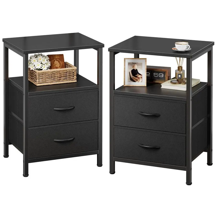 

Набор из 2 прикроватных тумбочек с 2 ящиками, прикроватный столик с открытой полкой, деревянная столешница, торцевой столик, тканевый ящик, для спальни