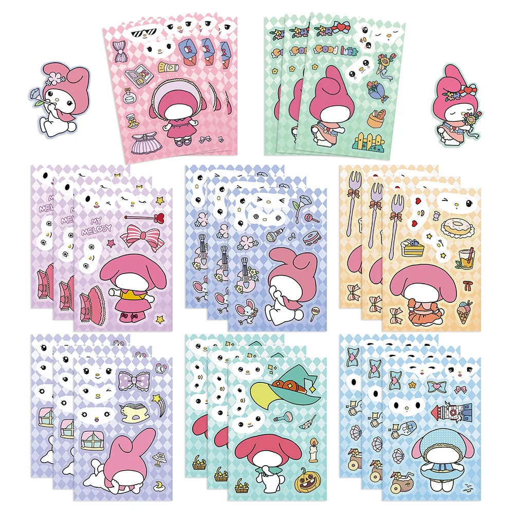 8/16Sheets Cartoon Sanrio My Melody Puzzle Stickers Children Make a Face DIY Toys Assemble Jigsaw Kids Boys Girls Party Game