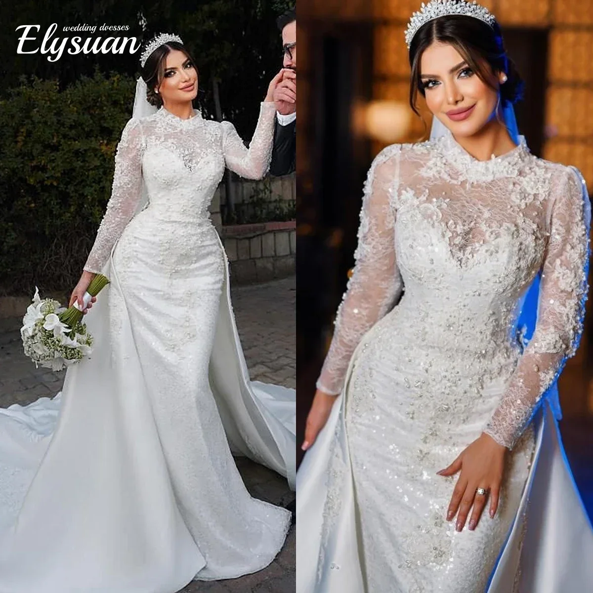 تخصيص الكنيسة الدانتيل حورية البحر فساتين الزفاف طويلة الأكمام اللؤلؤ مطرز الرقبة العالية ثوب الزفاف قطار للانفصال