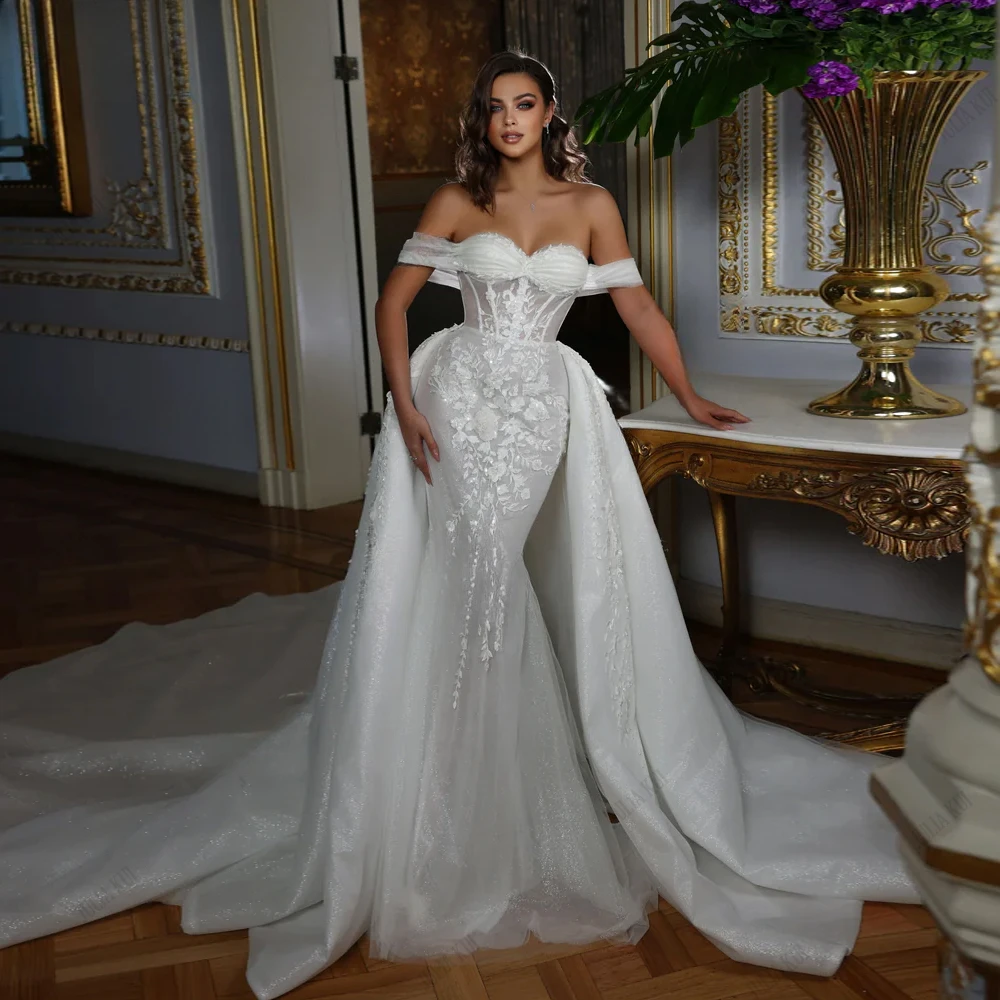 Bling Appliques lace Sweetheart Mermaid Wedding Dresses Elegant 2 In 1 Off Shoulder Sleeves Women Trumpet Bridal Gowns