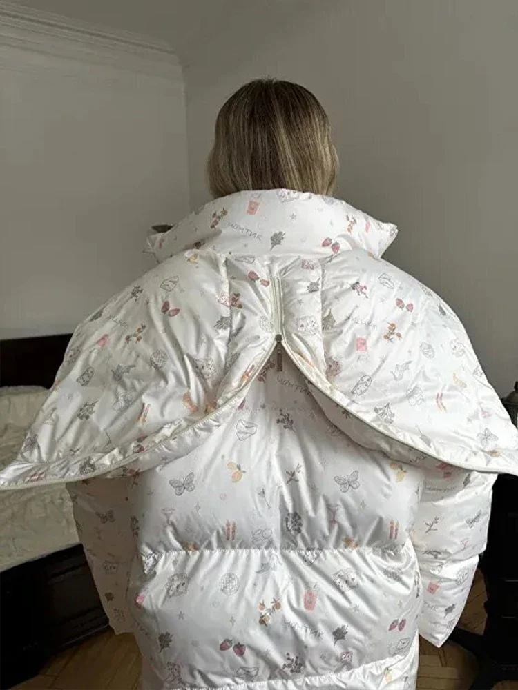 Chic Women's Floral Print Hooded Puffer Jacket with Bow Decor Cute Oversized Winter Warm Coat Loose Casual Feminine Outerwear Fa
