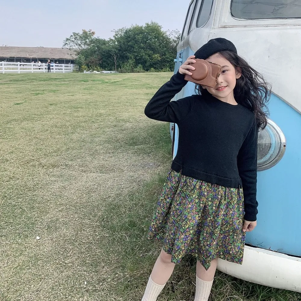 

Autumn baby girls clothes Knitted patchwork dress floral print retro pattern dress kids dresses ﻿