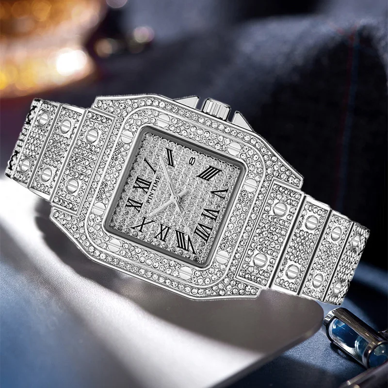 PINTIME Women Watches Iced Out Diamond Quartz Wristwatch Waterproof Square Case Luxury Dial Metal Strap Calendar Hip Hop Relogio