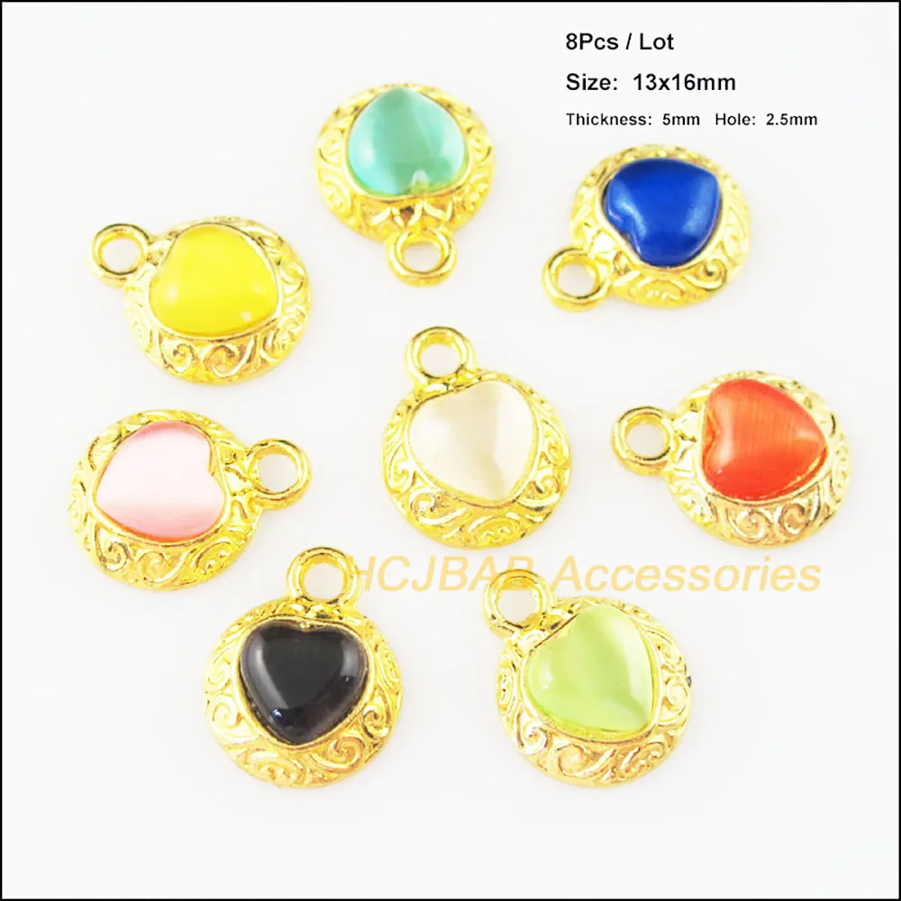 New 8Pcs Mixed Cat eye Stone Charms Heart Animal Flower Tortoise Triangle Pendants Connectors Gold Plated J218