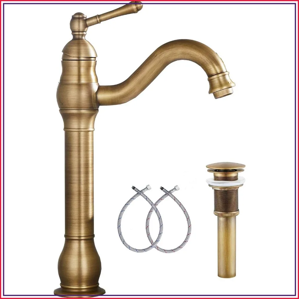 

360° Swivel Antique Brass Bathroom Vessel Sink Faucet Single Handle One Hole with Pop Up Drain