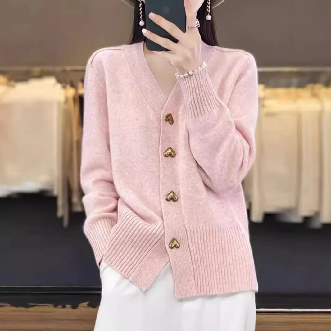 Women V Neck Heart Shape Button Knit Cardigan Pocket Loose Long Sleeve Sweater
