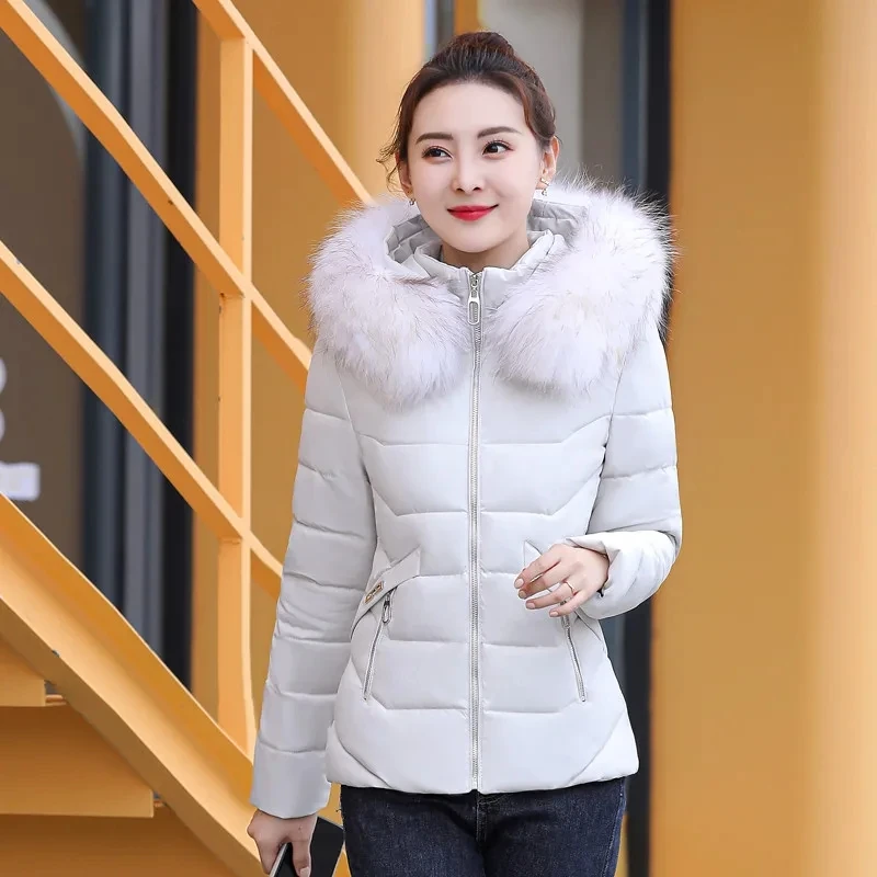 Winter Jacket 2023 New Women Parkas Fur Collar Hooded Thick Down Cotton Padded Parka Female Jacket Short Coat Slim Warm Outwear