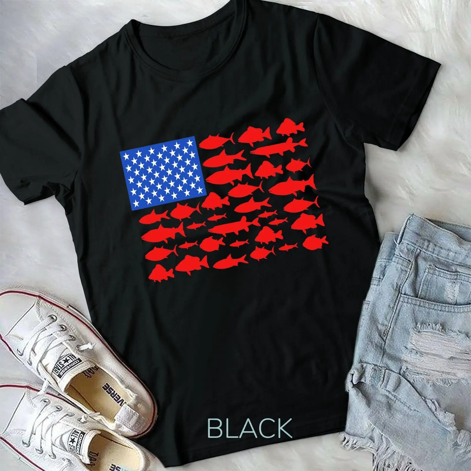 

Fish American Flag Fishing 4th of July Men Women Merica USA Unisex T-shirt