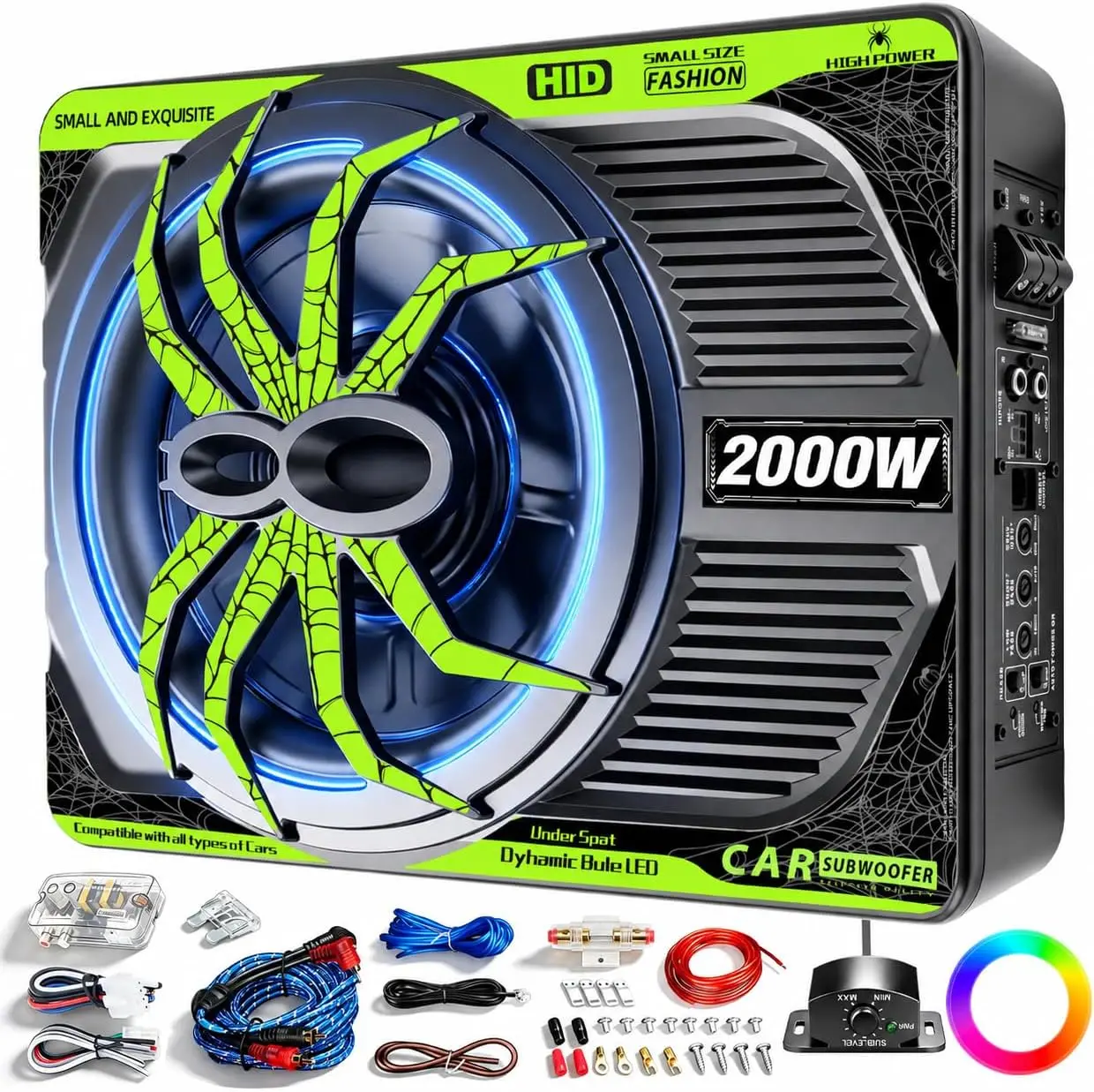 10 Inch Underseat Subwoofer and 2000W Amp Package, Under-Seat Car Audio Subwoofer System