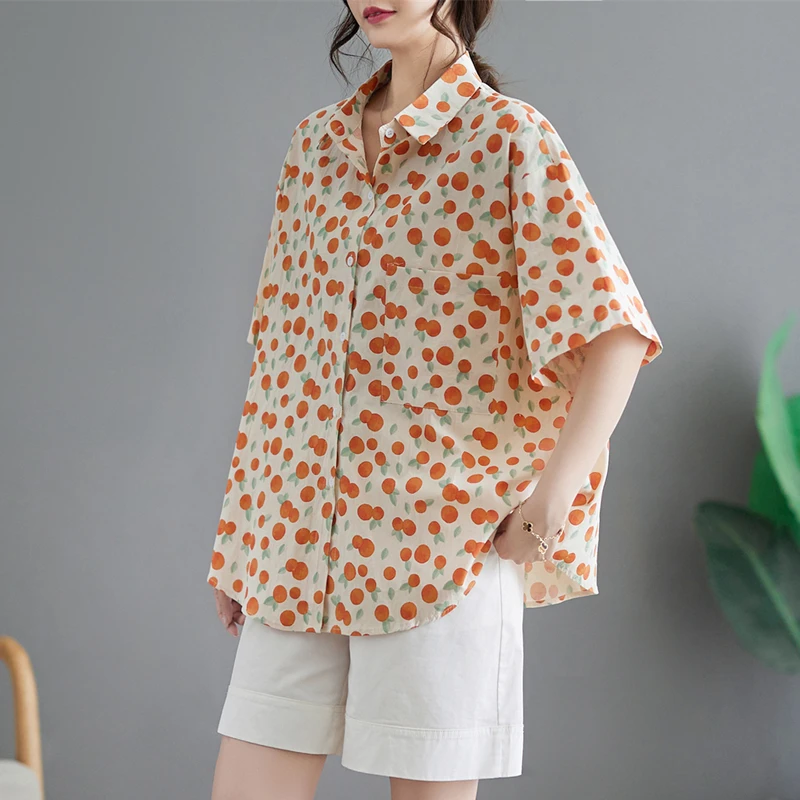 Summer Fresh Style Breathable Orange Printed Shirts Polo Collar Shorts Sleeved For Women Thin Beach Holiday Casual Female Tops