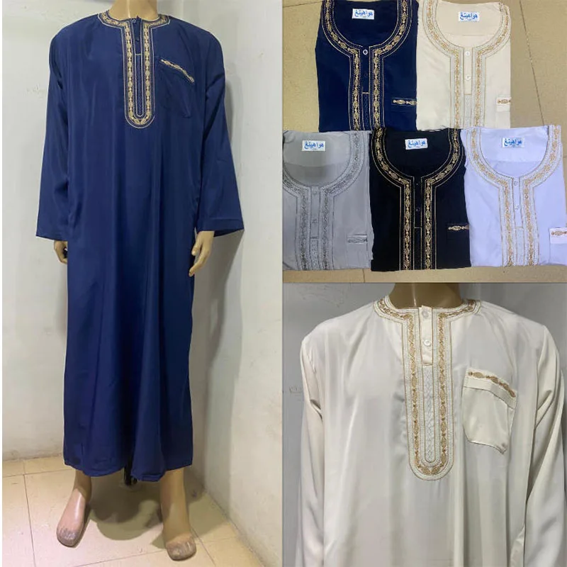 Islamic Muslim Arabic Men's Robe Traditional Moroccan Kaftan Robe Gown Long Sleeve Embroidered Jubba Thobe For Muslim Clothing