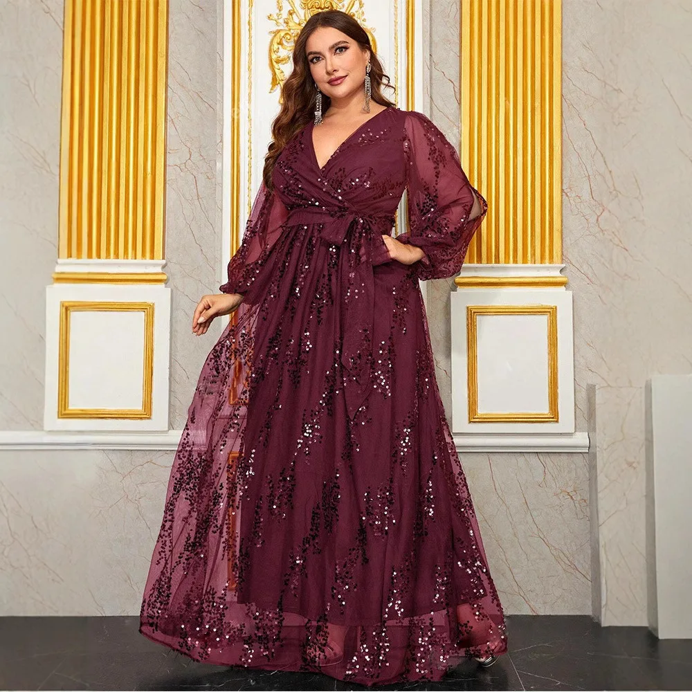 

Large size dress with sequins and sexy V-neck lantern sleeve dress, banquet evening dress
